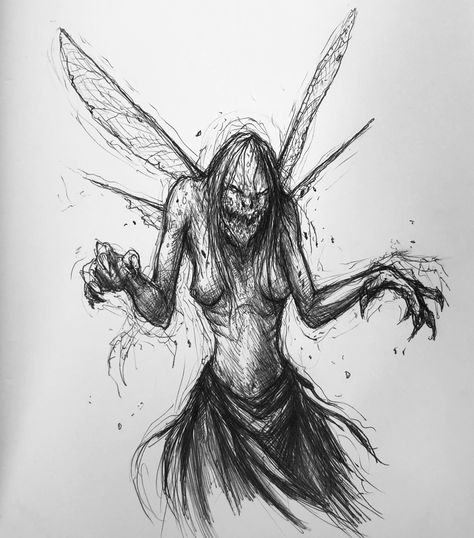 ‪#toothfairy #fantasy #horror #alternatestory #story #nightmare #fairytale #mikephillipsart #fairy #twisted #twistedart #conceptart #sketch 129/365 #conceptsketch #sketchbook #ink #visdev ‬ Girl Evil Sketch, Evil Witch Drawing, Scary Fairy Drawing, Creepy Fairy Drawing, Scary Fairy Tattoo, Creepy Fairies, Evil Fairy Drawing, Evil Fairy Art, Undead Fairy