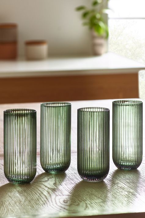 Buy Green Hollis Glassware Set of 4 Tall Tumbler Glasses from the Next UK online shop Glassware For Wedding, Cool Drinking Glasses, Glasswear Aesthetic, Cool Glassware, Cute Glassware, Kitchen Glasses, Kitchen Glassware, Drinking Glasses Set, Glass Cup Set