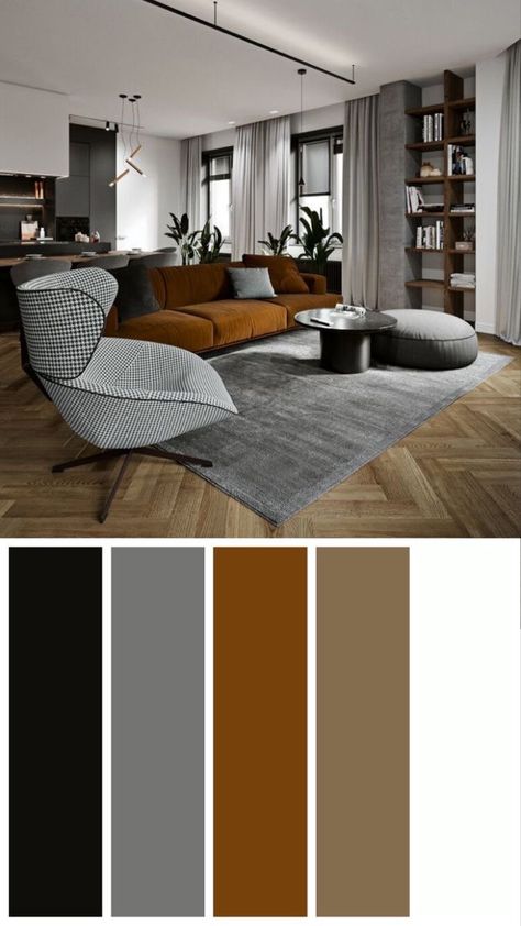 Interior Design Living Room Modern Colour Schemes, Olive Green And Navy Blue Living Room, Soft Industrial Decor Bedroom, Grey Color Palette Living Room, Black Brown Grey Living Room, Home Interior Color Palette, Colour Palette For Living Room, Color Palette For Living Room, Living Room Color Palette