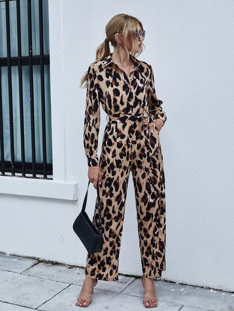 Leopard Print Button Front Belted Jumpsuit | SHEIN USA Striped Cami Tops, Shirt Jumpsuit, Animal Print Jumpsuit, Leopard Jumpsuit, Leopard Print Jumpsuit, Belt Jumpsuit, Carnation Flower, Shein Pants, Print Jumpsuit