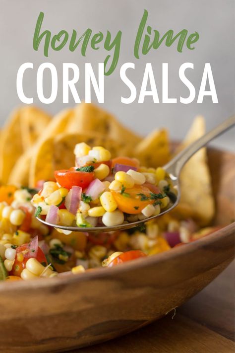 This Honey Lime Corn Salsa is the perfect combination of sweet and spicy. Everything is so fresh and perfect for summertime! Sweet Corn Salsa Recipe, Sweet Corn Salsa, Lime Corn, Corn Salsa Recipe, Honey Lime Chicken, Spicy Corn, Salsa Recipes, Corn Salsa, Spicy Honey