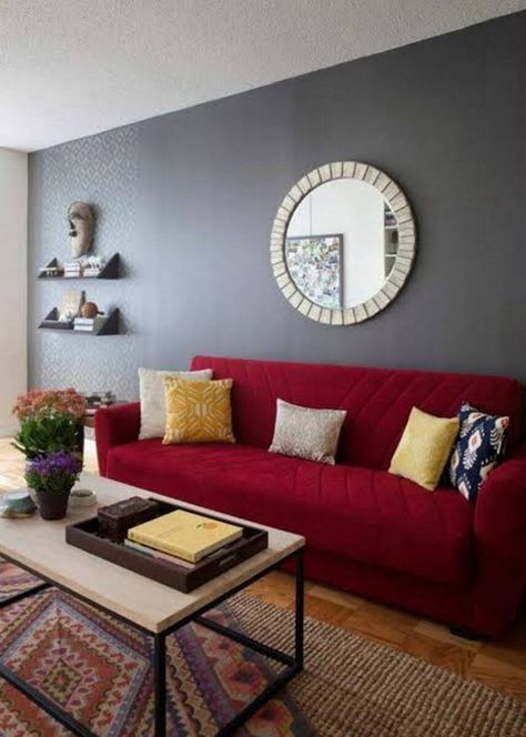 RED LIVING ROOM IDEAS – It isn’t without reasons that red symbolizes bravery. Applying red for our living room takes courage because the color is quit... Red Sofa Decorating, Grey And Red Living Room, Red Furniture Living Room, Red Sofa Living, Red Sofa Living Room, Red Couch Living Room, Red Living Room, Red Living, Red Couch