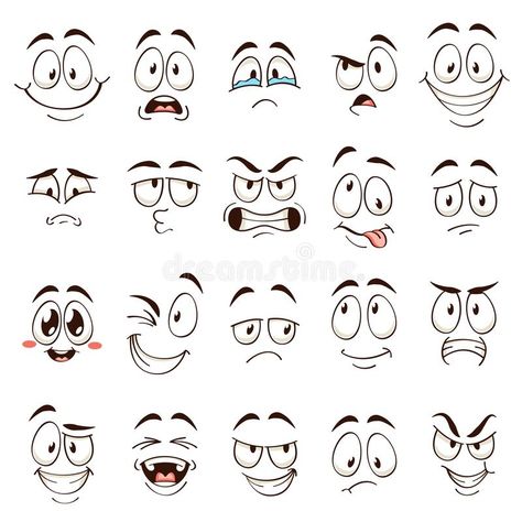 Cartoon faces. Caricature comic emotions with different expressions. Expressive eyes and mouth, funny flat vector royalty free illustration Comic Emotions, Cartoon Faces Expressions, Funny Cartoon Faces, Cartoon Mouths, Vector Characters, Different Expressions, Cartoon Expression, Eye Expressions, Comic Face