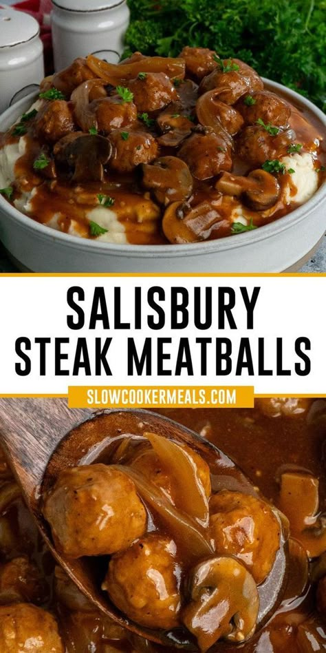 Busy days call for Crock Pot Salisbury Steak Meatballs! With frozen meatballs and a luscious mushroom gravy, this dish is perfect for a quick meal. In just a few easy steps, you'll savor tender and flavorful meatballs, ideal when served over rice or creamy mashed potatoes! Crock Pot Salisbury Steak, Salisbury Steak Crockpot, Frozen Meatball Recipes, Meatball Recipes Crockpot, Salisbury Steak Meatballs, Juicy Meatballs, Slow Cooker Salisbury Steak, Meatball Dinner, Crock Pot Dinners