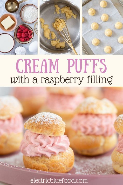 Cream Puffs Filling Ideas, Valentines Cream Puffs, Cream Puff Flavor Ideas, Raspberry Cream Cake Filling, Choux Filling Ideas, Flavored Cream Puffs, Raspberry Pastry Cream, Cream Puff Fillings, Cream Puffs Recipe Filling