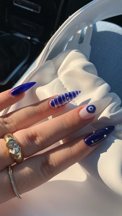 Evil Eye Almond Nails, Creative Nail Designs Unique, Wet Nails Look, Almond Nail Designs Trending Now, Crazy Nails Ideas, Blue Nails Summer, Finger Biting, Birmingham City University, Quartz Nails