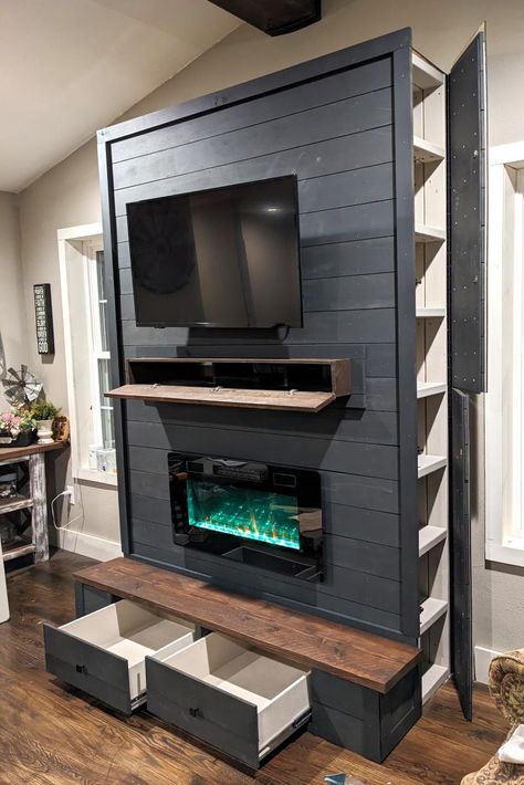 White Basement, Minecraft Basement, Built In Electric Fireplace, Electric Fireplace Wall, Fireplace Entertainment Center, Build A Fireplace, Bedroom Basement, Fireplace Tv Wall, Shiplap Fireplace