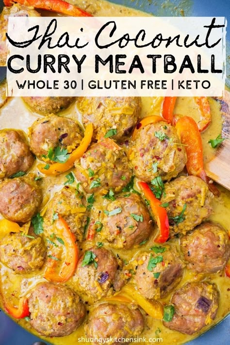 Coconut Curry Meatballs, Coconut Curry Chicken Meatballs, Curry Chicken Meatballs, Comfort Food Healthy, Thai Coconut Curry, Curry Meatballs, Whole30 Dinners, Coconut Curry Chicken, Thai Coconut