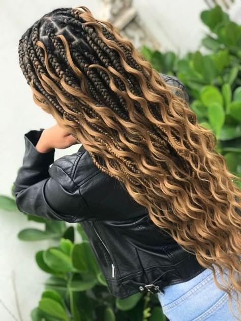 Big Knotless Box Braids With Curls And Color, 1b/27 Box Braids, Braids For Black Women 2023, Unique Braid Hairstyles, Large Goddess Braids, Honey Blonde Goddess Braids, Braids With Jewels, Angel Braids, Bora Braids