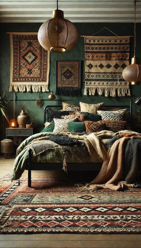 25 Chic Black and Dark Green Bedroom Ideas for a Trendy Look 34 Dark Green Dressing Room, Cozy Dark Green Bedroom, Black And Dark Green Bedroom, Dark Green Bedroom Ideas, Forest Green Bedrooms, Dark Green Bedroom, Dark Green Rooms, Dark Cozy Bedroom, Green Bedrooms