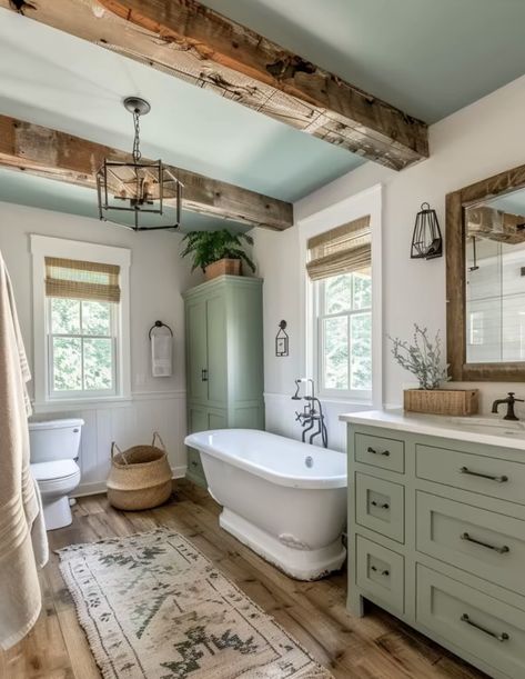 Bathroom Inspo Farmhouse, Cosy Cottage Bathroom, Country Farm Bathroom, Green And Rose Bathroom, Diy Farmhouse Remodel, Barndominium Master Bath Ideas, Farm Style Interior Design, Home Inspiration Bathroom, Cottage Core Bathroom Ideas