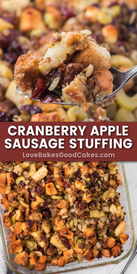 This Cranberry Apple Sausage Stuffing is the perfect addition to your Thanksgiving dinner. It's also a great side dish throughout the year. Apple Sausage Stuffing, Sausage Stuffing Recipe, Homemade Stuffing, Stuffing Recipes For Thanksgiving, Sausage Stuffing, Cranberry Apple, Apple Sausage, Thanksgiving Stuffing, Sweet Italian Sausage