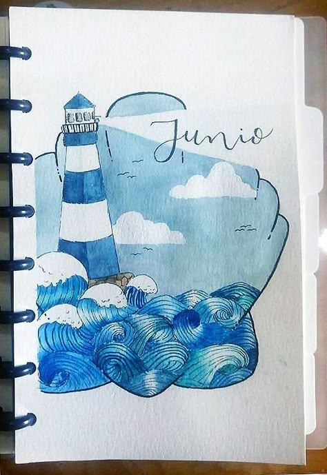 Art Journal Ocean Theme, Ocean Theme Bullet Journal, Lighthouse Bullet Journal, Ocean Journal Ideas, Ocean Theme Drawings, Bujo Ocean Theme, June Drawings, Wave Lettering, Ocean Bullet Journal