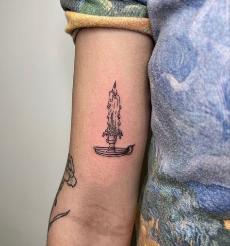 Hand Holding Candle Tattoo, Candle Stick Tattoo Design, Fine Line Candle Tattoo, Vintage Lantern Tattoo, Candlelight Tattoo, Fine Line Tattoos Arm, Candle Holder Tattoo, Tattoo Of Hands Holding Something, November Rain Tattoo