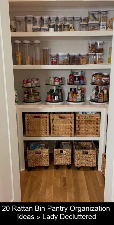 Here's why you should consider using rattan bin pantry organization ideas to help you get started on reorganizing your pantry. Pantry Organization Wire Baskets, Organised Pantry Aesthetic, Open Pantry Cover Ideas, Pantry Shelving Organization Ideas, Pantry Organization Drawer, Thrifted Pantry Organization, Open Pantry Organization Ideas, Pantry Storage Baskets, Shallow Pantry Organization