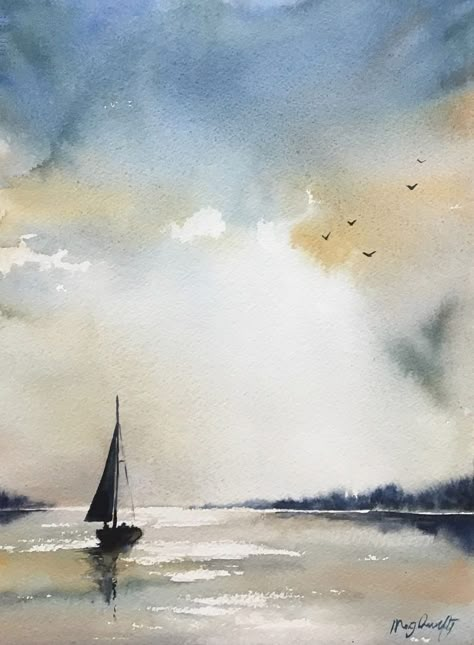 Watercolor Boat, Canvas Painting Ideas For Beginners, Sailing Art, Watercolor Art Landscape, Arte Peculiar, Water Coloring, Watercolor Sky, Painting Ideas For Beginners, Nature Watercolor