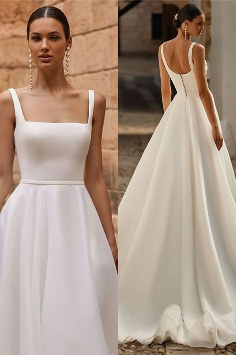 Princess Simple Wedding Dress, Graceful Wedding Dress, Simple Aline Wedding Dress Satin, A Line Slim Wedding Dress, Vintage 50s Wedding Dress, Princess Wedding Dresses Satin, Simple Old Money Wedding Dress, Square Dress Neckline, Aline Square Neck Wedding Dress