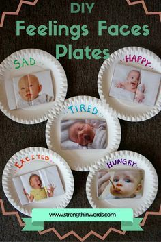 DIY Feelings-Faces Plates to develop emotional language, perspective taking, and tools for social/emotional development in infants & toddlers Infant Toddler Classroom, Infant Curriculum, Emotional Activities, Complex Emotions, Feelings Faces, Infant Lesson Plans, Feelings Activities, Toddler Curriculum, Infant Room