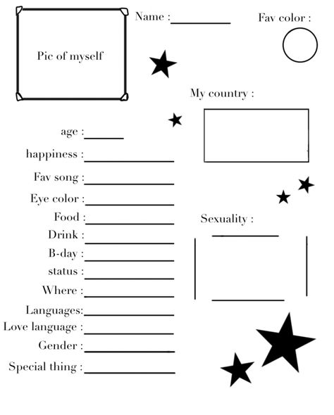 About Myself Template, Introducing Myself Ideas, Fill The Jars Template, Character Sheet Writing, Quote Template Design, About Me Template, Funny Charts, Diary Template, Character Sheet Template