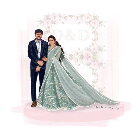 Reception Illustration Couple, Engagement Illustration Couple, Reception Caricature, Indian Couple Illustration, Reception Illustration, Groom Cartoon, Wedding Cartoon, Couple Illustration Wedding, Bride And Groom Cartoon