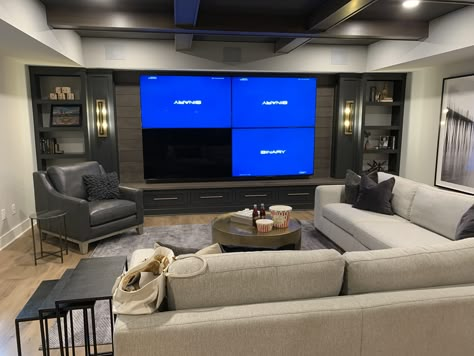 Modern Basement Entertainment Wall, Classy Man Cave Basement, 4 Tvs On One Wall Game Room, Theater Basement Ideas, Basement Tv Wall Ideas, Basement Tv Wall, Kids Family Room, Basement Makeover Ideas, Classy Man Cave