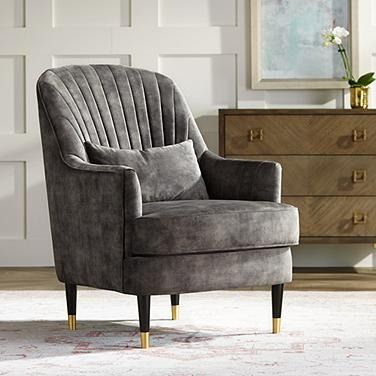 Austen Charcoal Gray Velvet Tufted Armchair with Pillow Gray Velvet Accent Chair, Entertainment Room Ideas, 2023 Apartment, Grey Velvet Chair, Living Room Lighting Tips, Tufted Armchair, Tufted Accent Chair, High Back Armchair, Golf Estate