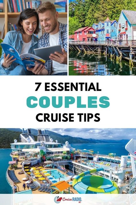 Smiling couple reading a brochure together, a scenic coastal town with colorful buildings, and the deck of a cruise ship with a pool. First Time Cruise Tips, First Time Cruise, Cruise Tips And Tricks, Cruise Hacks, Couple Cruise, Couples Trip, First Cruise, Smooth Sailing, Cruise Tips