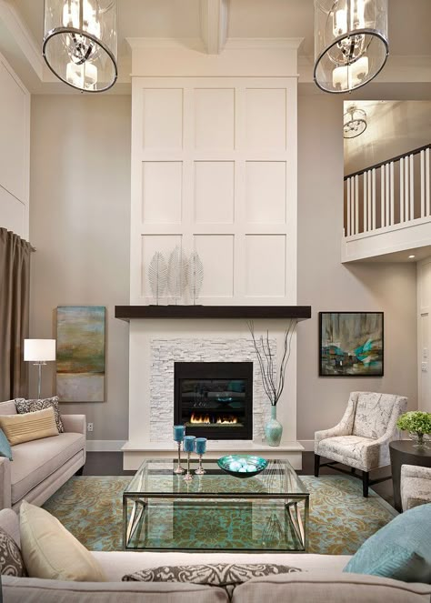 Design Camino, Tall Fireplace, High Ceiling Living Room, Glam Living Room, Transitional Living, Fireplace Remodel, Small Living Room Decor, Transitional Living Rooms, Home Fireplace