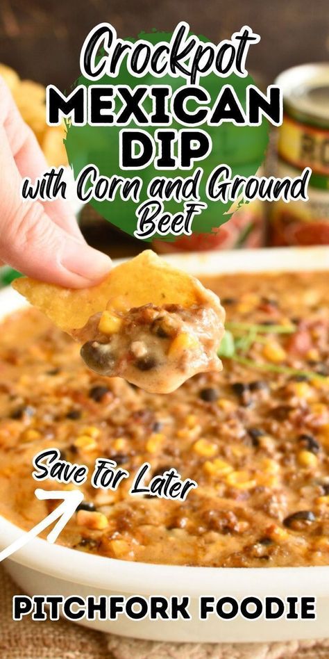 Fiesta Mexican dip is a spicy appetizer that can be baked or cooked in the slow cooker. It's a hearty bean dip with corn, hamburger, and plenty of cheese! This recipe goes great with taco night or any time. Please a crowd or the family, serve with tortillas and chips. Bean Dip With Ground Beef, Hot Mexican Dip, Easy Mexican Dip, Dip With Corn, Dip With Ground Beef, Hot Bean Dip, Football Dinner, Mexican Bean Dip, Mexican Dip Recipes