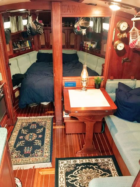 Boat Living Interior, Sailboat Interior Decorating Ideas, Boat Renovation Interior Design, Sailing Boat Interior Ideas, Sailboat Decorating Ideas, Sail Boat Interiors, Sailboat Living Interiors, Living In A Boat, Small Boat Interior