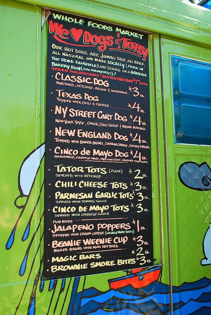 Whole Foods Menu Board by jnoriko, via Flickr Vegan Bechamel, Dog Food Truck, Food Truck Menu Ideas, Food Truck Project, Food Truck Recipes, Bbq Food Truck, Food Truck Menu, Dog Cart, Food Truck For Sale