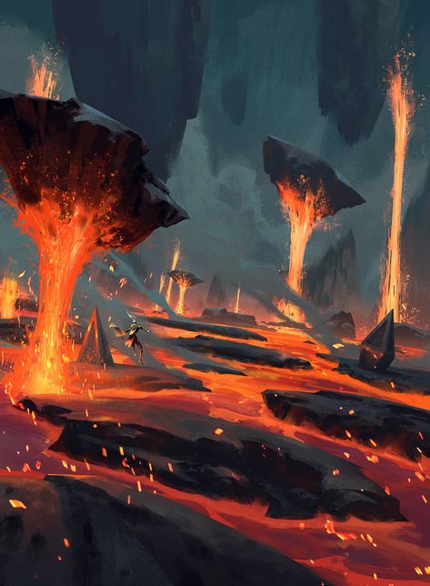 Fire World Fantasy Art, Game Environment Concept Art, Flip Books Art, Scifi Environment, Secret Lair, Fantasy Locations, Game Environment, Scene Art, Elements Of Nature