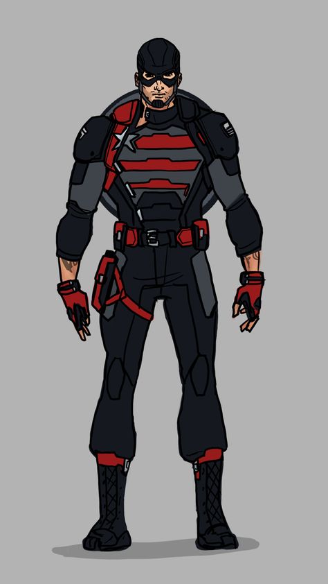 U. S. Agent (Comics) - I wanted to find a good mix of his comics look, Cap, and John Walker Cap on the show. Also wanted to push his “not Cap but Edgy” look with a bit of scruff, tats and a looser uniform. Batman And Robin Cartoon, Us Agent, Captain America Suit, Marvel Character Design, Invincible Comic, Marvel And Dc Characters, John Walker, Superhero Cosplay, Marvel Characters Art