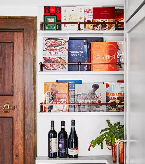 brass rail cookbook shelves | photo Stacey Branford Cookbook Display, Kitchen Bookshelf, Cookbook Storage, Cookbook Shelf, Open Pantry, Inspiring Books, Farmhouse Side Table, Picture Shelves, Kitchen Cookbook