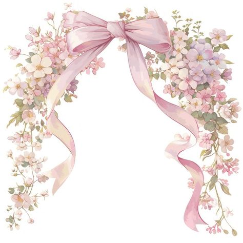 Pink Floral Prints, Coquette Frame, Coquette Watercolor, Watercolor Ribbon, Illustrated Flowers, Dessert Wedding, Recuerdos Primera Comunion Ideas, Coquette Design, Frame Flowers