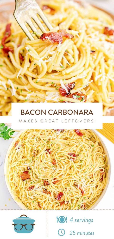 This Bacon Carbonara recipe is a simple, delicious twist on the classic original. Creamy seasoned pasta combined with crispy bacon! Cooking With Bacon Recipes, Pasta With Bacon Carbonara, Easy Bacon Carbonara Pasta, Pasta Bacon Carbonara, Bacon Noodles Recipe, Bacon Alfredo Pasta Recipes, Bacon Carbonara Recipe, Bacon Pasta Recipes Simple, Spaghetti With Bacon Recipes