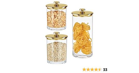 Amazon.com: mDesign Airtight Apothecary Storage Organizer Canister Jars - Acrylic Containers for Kitchen, Organization Holder for Pantry, Counter, and Cupboards, Lumiere Collection, Set of 3, Clear/Soft Brass: Home & Kitchen Pantry Counter, Open Shelf Kitchen, White And Gold Kitchen, Apothecary Storage, Bars In Kitchen, Containers For Kitchen, Glass Kitchen Canisters, Acrylic Containers, Kitchen Storage Canisters