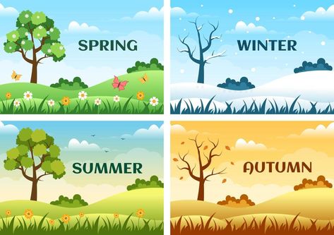 Winter Spring Summer Fall Art, Spring Summer Autumn Winter Art, 4 Seasons Drawing, Spring Season Drawing, Four Seasons Art, Whats In Season, Scene Drawing, Storybook Art, English Games