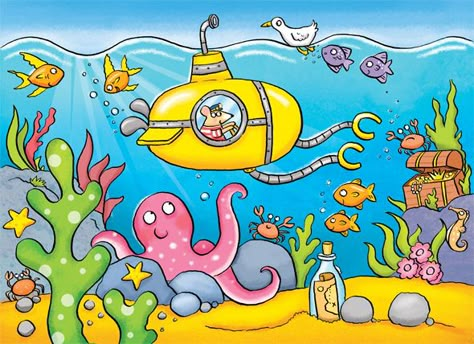 under the sea, submarine, octopus, fish, treasure chest, children's illustration, by Kate Daubney, kids illustration Life Under The Sea Drawings, Under The Sea Drawing Easy, Underwater Drawing For Kids, Under The Sea Drawing, Under The Sea Illustration, Submarine Drawing, Under The Sea Drawings, Sea Drawings, Ocean Drawing