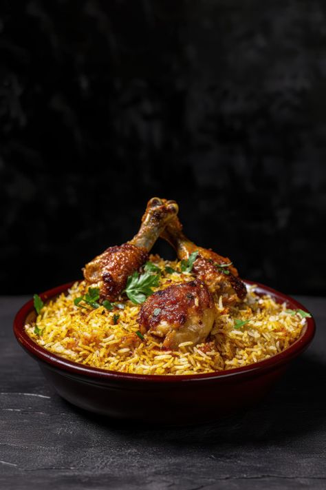 Beautifully presented biryani dish with golden rice and succulent chicken pieces on top Chicken Biryani Photos, Chicken Biryani Images, Chicken Biryani Photography, Biryani Images, Outdoor Cooking Fireplace, Cooking Fireplace, Flavorful Rice, Golden Rice, Bbq Beans