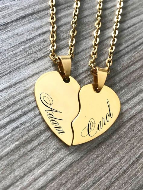 Heart Necklace for Couples Custom Couples Necklace Broken | Etsy Necklace For Couples, Couples Custom, Engraved Heart Necklace, Couples Necklace, Dainty Diamond Necklace, Necklace For Girlfriend, Diamond Solitaire Necklace, Couple Necklaces, Gold Cross Necklace