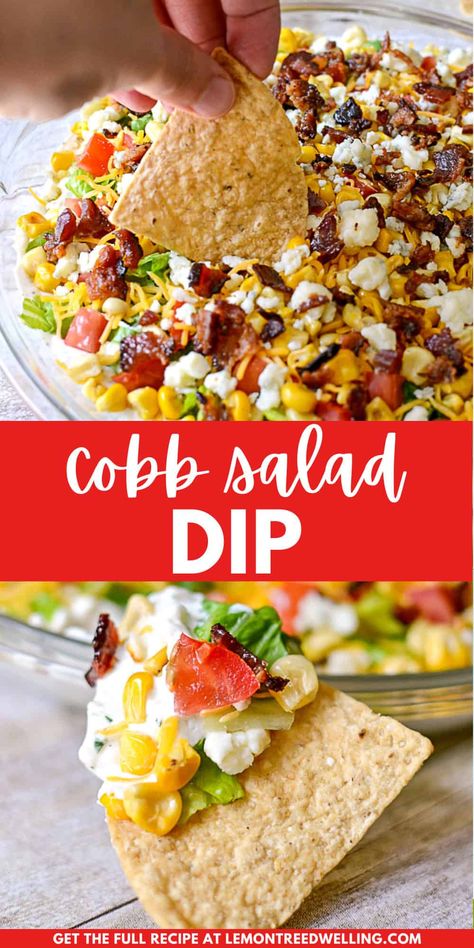 All the flavors of cobb salad - in a deliciously creamy, layered dip! This Cobb Salad Dip is one of our favorite appetizers for parties or game days. It's perfect for dipping tortilla chips, crackers, or any of your favorite dippers! Layered Party Dips, Wedge Salad Dip, Lunch Dip Recipes, Thanksgiving Chip Dip, Dips For Tailgating, Chopped Salad Dip, Tailgate Salads, Appetizers For Pool Party, Layered Dips For Parties