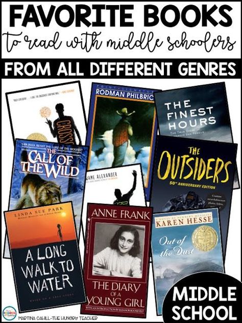 My Favorite Books to Read With Middle Schoolers in 7th and 8th Grade | The Hungry Teacher Middle School Novels, 8th Grade Reading, Teaching 6th Grade, Middle School Books, 6th Grade Reading, Reading Unit, Teaching Poetry, Middle School Reading, Middle Grade Books