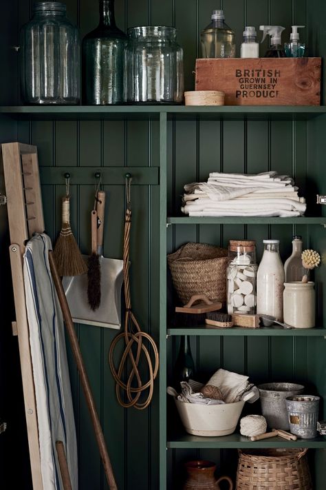 Pantry In Utility Room, Vintage Green Laundry Room, Utility Room Accessories, Outside Utility Room, Functional Utility Room, Devol Utility Room, English Utility Room, English Farmhouse Laundry Room, Tall Mudroom Cabinet