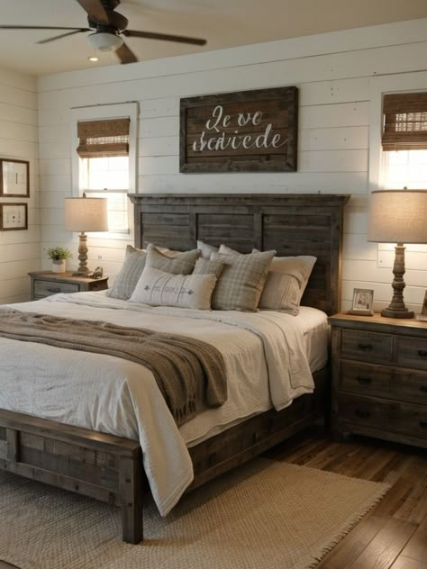 Create a rustic farmhouse vibe in your bedroom with an accent wall using shiplap or reclaimed wood. Complete the look with a distressed wooden dresser and a vintage-inspired metal bed frame for a touch of farmhouse charm. Ranch Style Bedroom, Cozy Farmhouse Bedroom Ideas, Small Farmhouse Bedroom, Shiplap Bedroom, Cozy Farmhouse Bedroom, Rustic Farmhouse Bedroom, Rustic Bedroom Ideas, Farmhouse Bedrooms, Farmhouse Bedroom Ideas