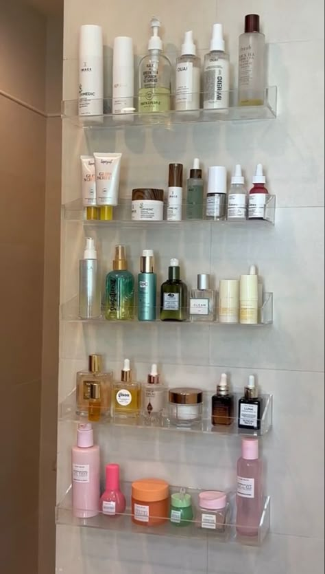 Skincare Organization Shelves, Best Makeup Storage Ideas, Acrylic Skincare Shelves, Skincare Drawer, Skincare Shelf, Adhesive Shelves, Skincare Storage, Rental Friendly, Aesthetic Bathroom