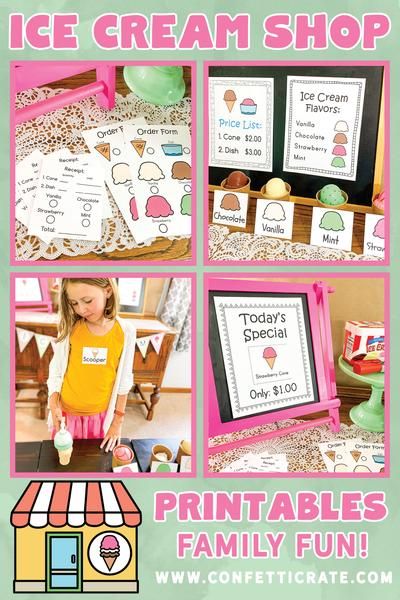 Ice cream shop dramatic play printables for a fun indoor activity. Your kids will have some screen free time and you can get some work from home done! Ice Cream Parlour Role Play, Printable Pretend Play, Pretend Play Printables, Play Ice Cream, Play Printables, Sundae Recipes, Dramatic Play Printables, Ice Cream Stand, Dramatic Play Preschool