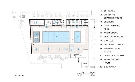 Borden Park Natural Swimming Pool by gh3 architecture | 2019-08-01 | Architectural Record Swimming Pool Layout, Indoor Pool Floor Plans, Pool Floor Plan, Public Swimming Pool Architecture, Aquatic Center Architecture, Swimming Pool Floor Plan, Swimming Pool Plan Architecture, Swimming Pool Designs Architecture, Swimming Pool Changing Room Ideas