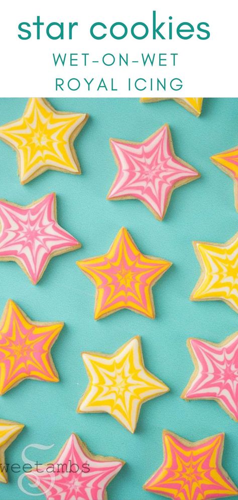 Here’s a simple and fun technique to decorate wet-on-wet royal icing star cookies. The shape I used is a 2-1/4″ plastic star cutter that came from my daughter’s play dough tools  Watch the video tutorial and get the supply list below! #sweetambs #cookies #wetonwet #royalicing Star Shape Cookies Decorated, Cookie Frosting Techniques, Star Shaped Cookies Decorated, Sugar Cookie Stars Decorated, How To Decorate Star Christmas Cookies, Star Decorated Sugar Cookies, Star Cutout Cookies, Xmas Cookies Decorated Royal Icing, Wet On Wet Royal Icing Technique