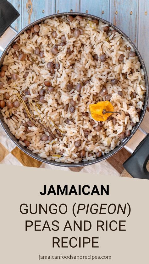 gungo peas and rice, jamaican gungo rice and peas, rice recipe, seasoned rice recipe Island Food Caribbean, Vegan Jamaican Food, Peas And Rice Recipe, Traditional Jamaican Food, Rice And Peas Jamaican, Rice With Coconut Milk, Rice And Pigeon Peas, Food Jamaican, Jamaican Food Recipes